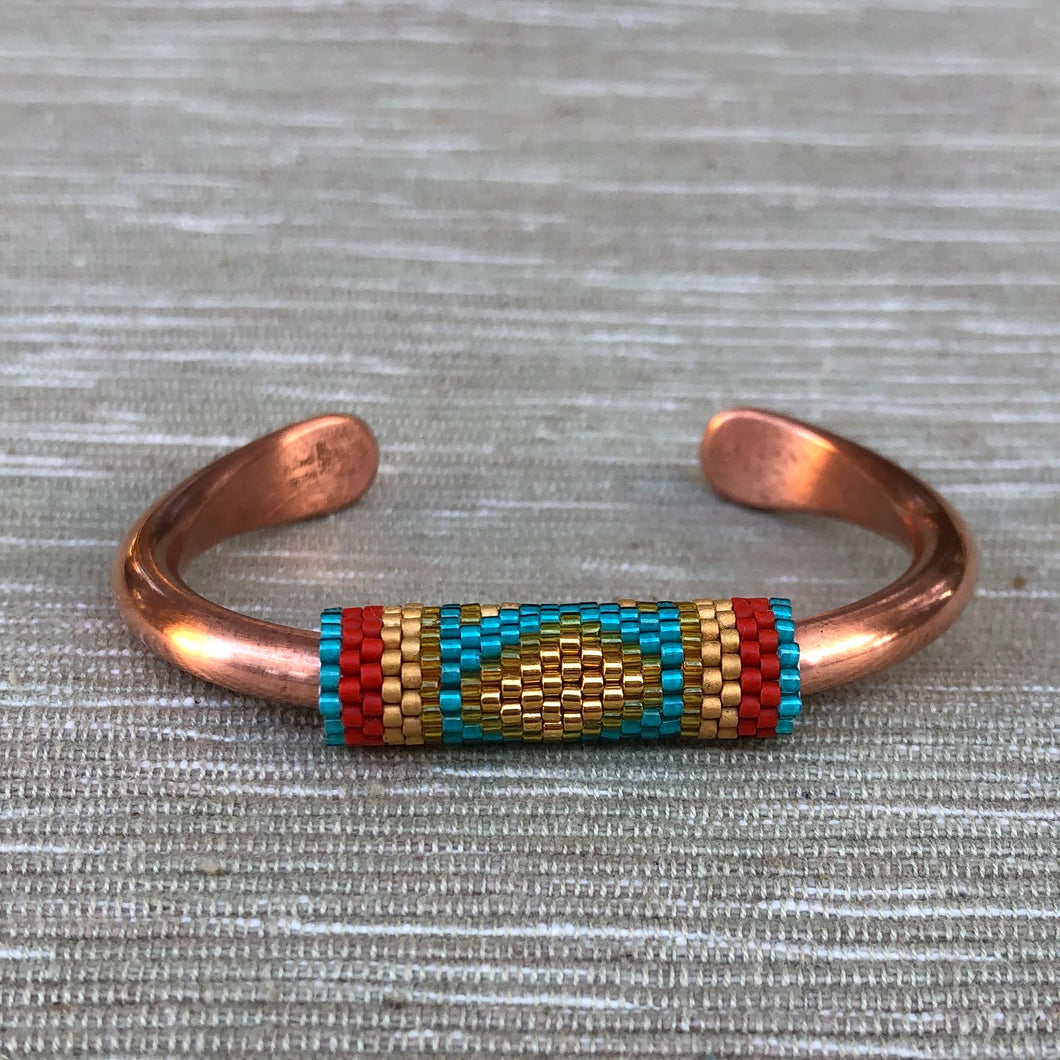 Turquoise, Red Coral and Gold on Copper Cuff